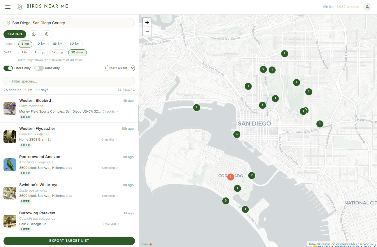 Birds Near Me desktop app — San Diego bird search showing species list and map