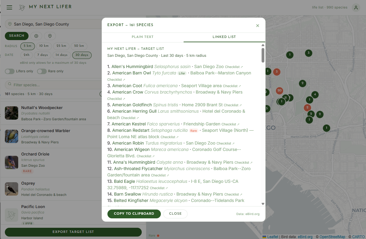 Birds Near Me export target list — linked list with eBird species links